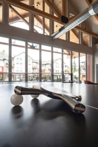 Close-up of the ping pong paddles with balls on a table at The Lodge Apartments at Marysville, WA.