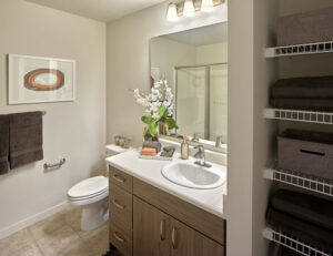 Bathroom with mirror, bathtub, towel rack, and toilet in an apartment at The Lodge at Marysville, WA.