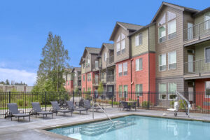 Outdoor fenced-in pool for residents at The Lodge at Marysville, WA.