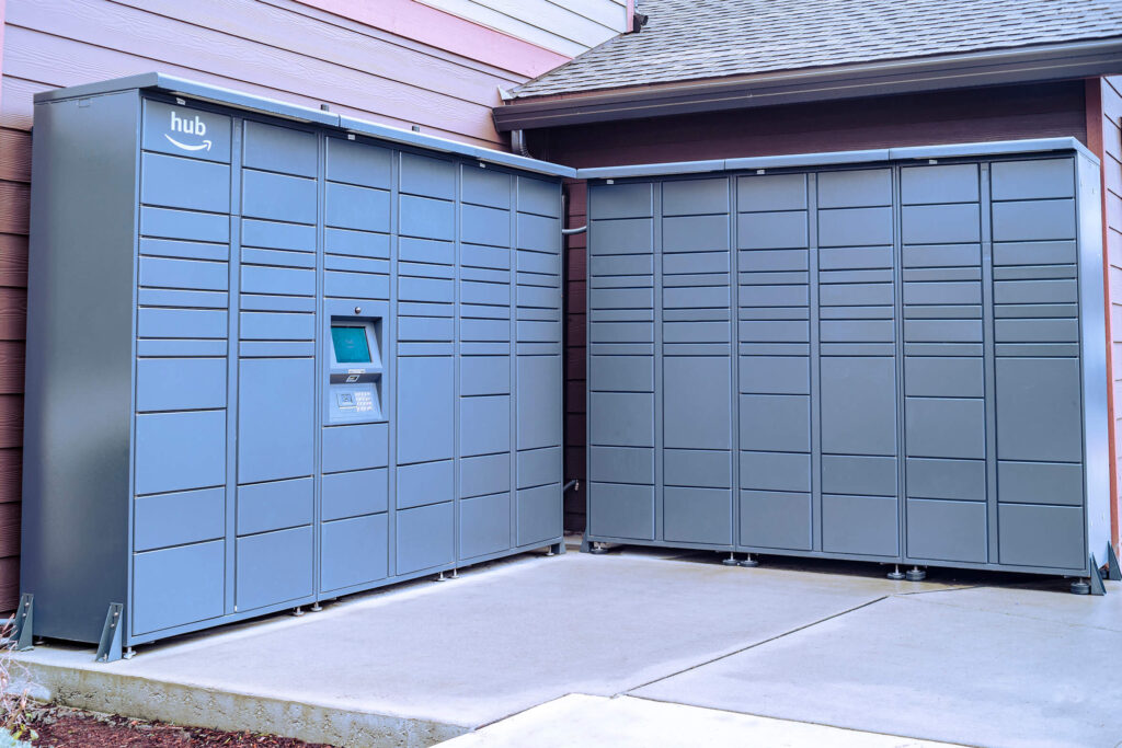 Amazon package lockers for residents at The Lodge Apartments at Marysville, WA.