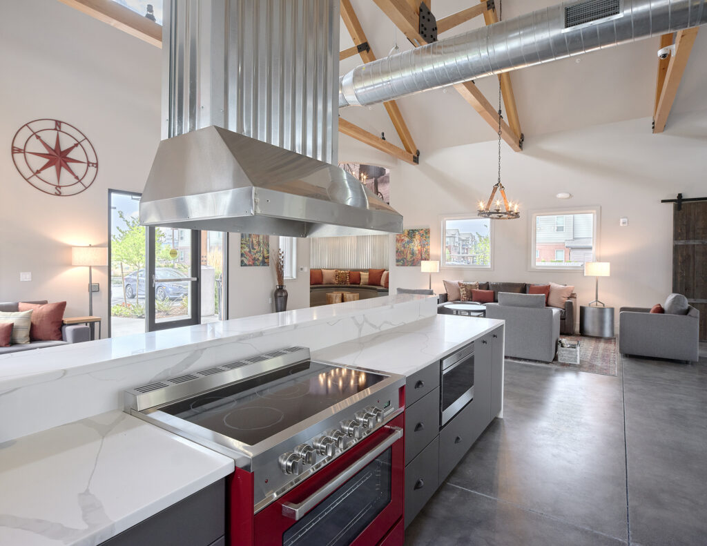 The demonstration kitchen at The Lodge Apartments in Marysville, WA