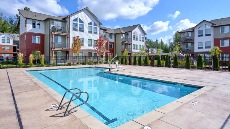 The Lodge Apartments resident swimming pool in Marysville, WA